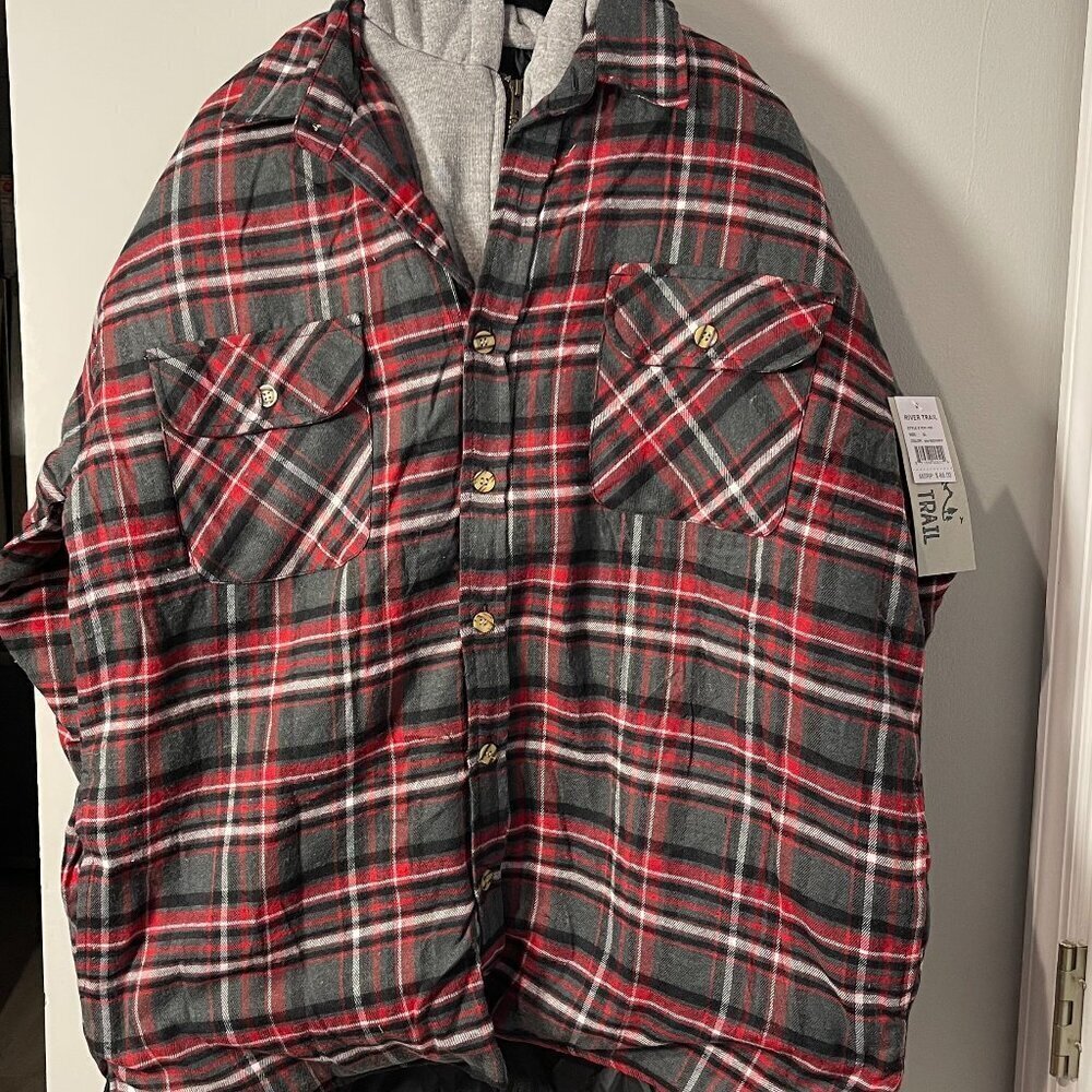 River Trail Mens Red & Black Plaid Fleece Lined Hoodie Jacket - XL - NWT